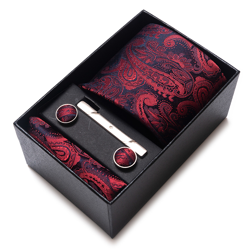 Men'S Accessories Gift Set Branded - クラシックなメンズホリデーギフトボックス,ハンカチ,カフスボタンセット,赤いペイズリーネクタイ,スーツアクセサリー,スリム,ウェディング,ブランド