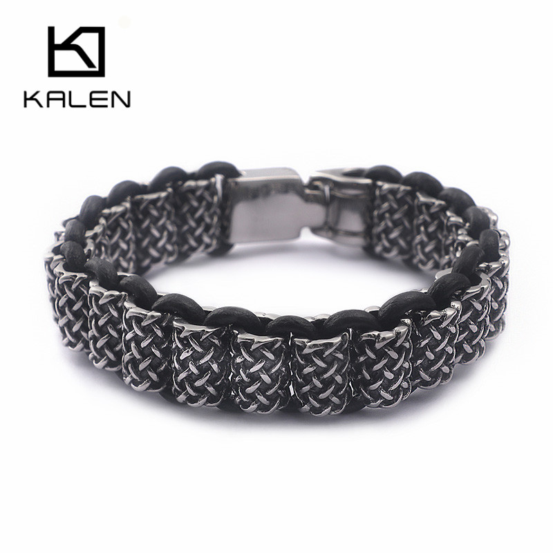 Men Accessories Bd - Kalen-メンズステンレススチールリンクブレスレット,ブラックレザーブレスレット,長方形ボックス,リストチェーン,ヒップホップジュエリー