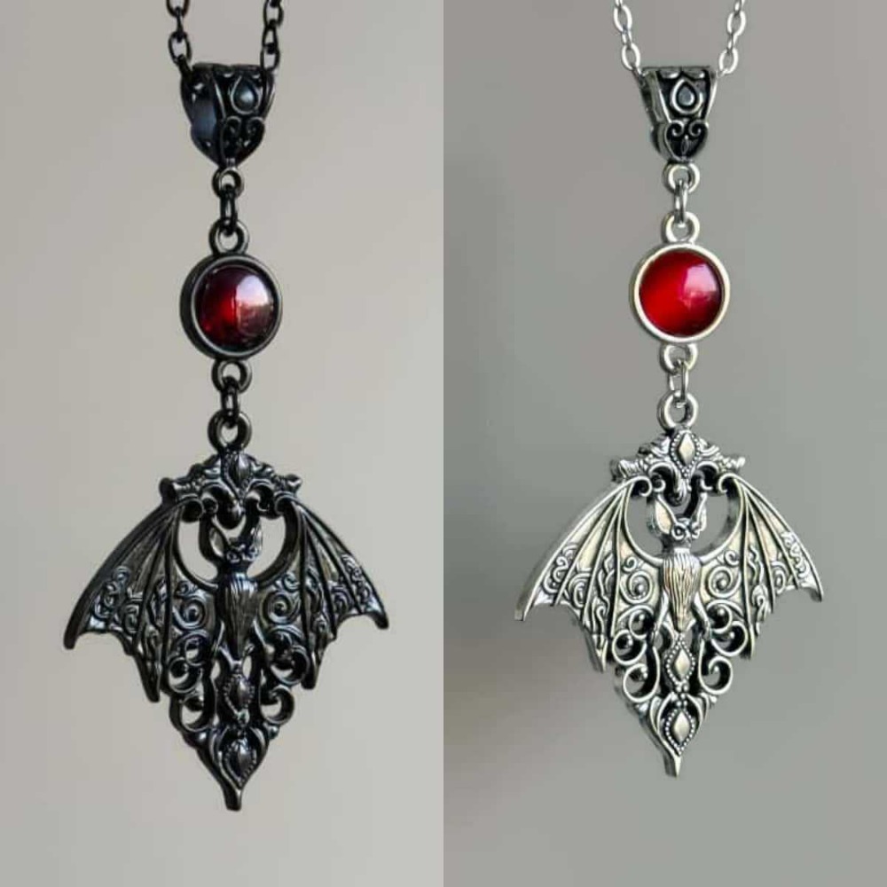 Men'S Vampire Accessories - ゴシックパンク中空ブラックヴァンパイアバットレッドクリスタルペンダントネックレス男性女性用ハロウィンパーティージュエリーアクセサリーギフト