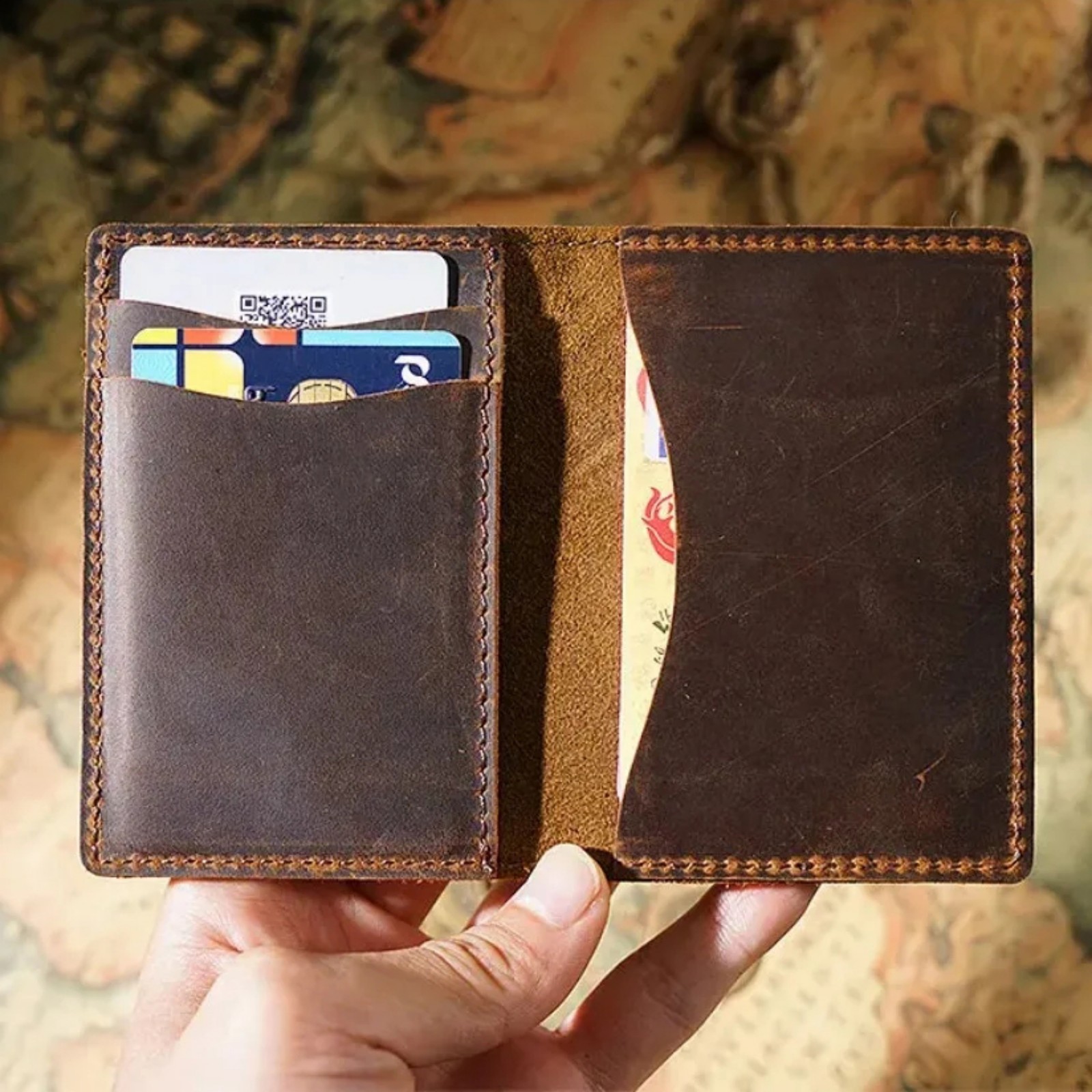 Card Case Minimalist - 本革ポケットスリムカードホルダー、女性、男性用、ミニマリストレザーマネー二つ折り財布、ビジネスオフィス&旅行用