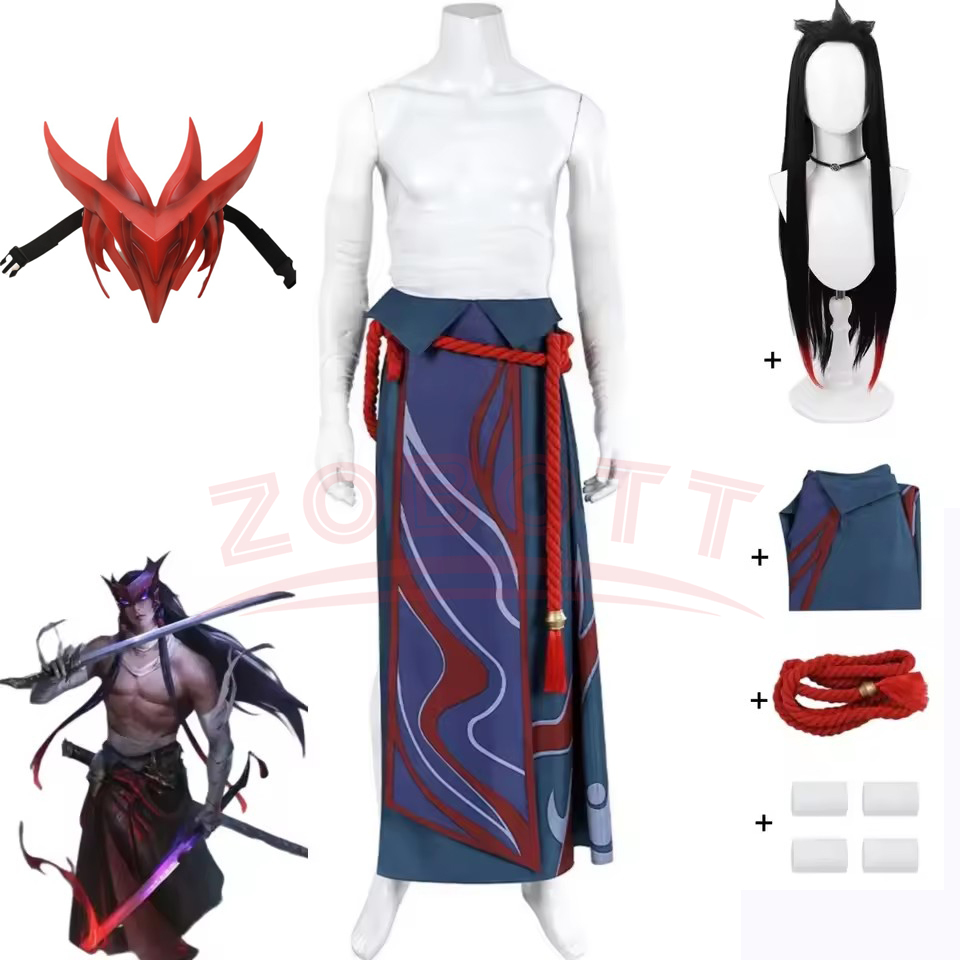 Men Accessories Kit - ゲーム LOL Unforgotten Yone コスプレ衣装ウィッグスカートストラップストラップ制服フルセット成人男性女性カーニバルハロウィンスーツ