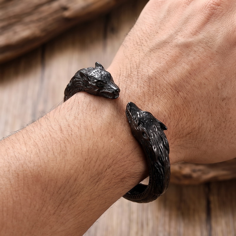 ダブルウルフヘッドオープニングブレスレットマンパンクストリー - Men Accessories Bd のレビューと価格