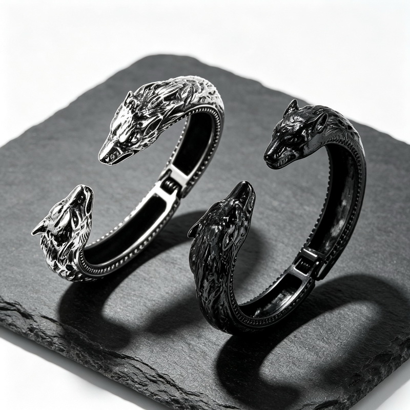 ダブルウルフヘッドオープニングブレスレットマンパンクストリー - Men Accessories Bd のレビューと価格
